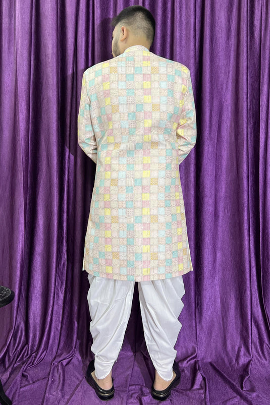 Cream Color Cotton Fabric Wedding Wear Readymade Peshawari Style Indo Western For Men