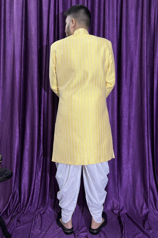 Jacquard Fabric Yellow Color Designer Readymade Peshawari Style Indo Western For Men