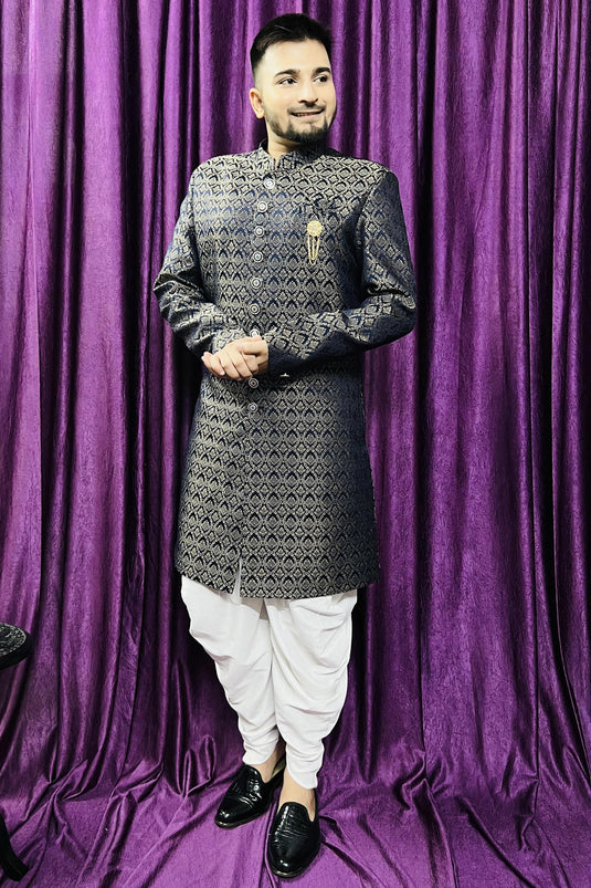 Blue Color Designer Jacquard Fabric Wedding Wear Readymade Peshawari Style Indo Western For Men