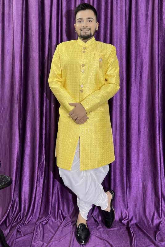 Reception Wear Yellow Color Fancy Silk Fabric Readymade Peshawari Style Indo Western For Men