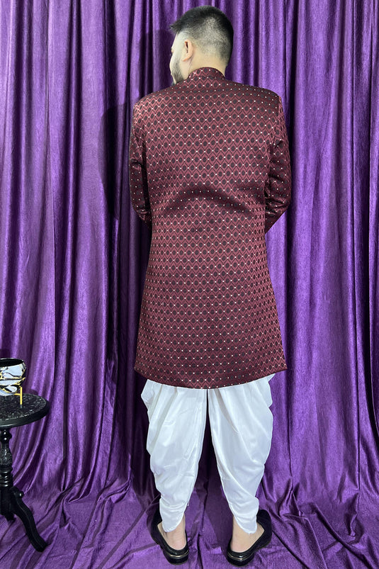 Jacquard Fabric Maroon Color Wedding Wear Fancy Readymade Peshawari Style Indo Western For Men