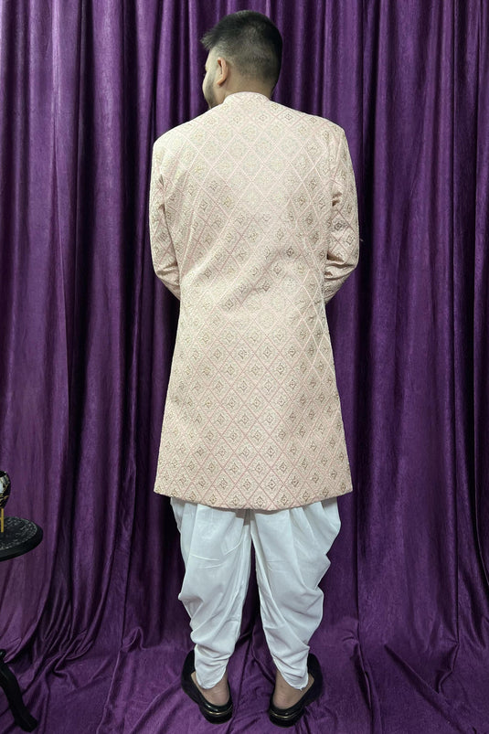 Mens Wedding Function Readymade Peach Color Peshawari Style Indo Western In Silk Fabric