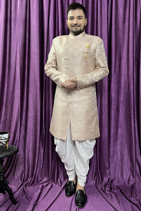 Jacquard Stunning Pink Color Wedding Wear Readymade Men Peshawari Style Indo Western