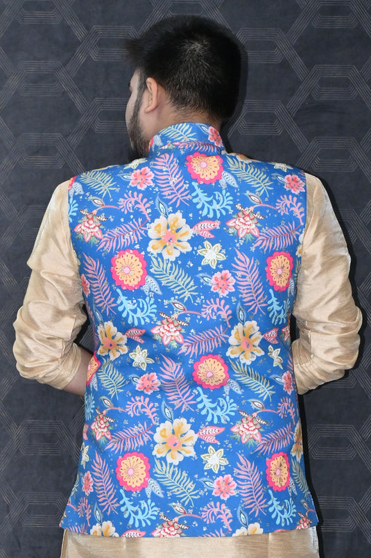 Festive Wear Cotton Readymade Lovely Men Blue Color Jacket