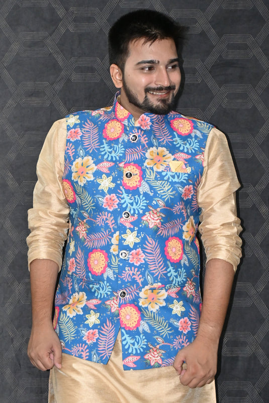 Festive Wear Cotton Readymade Lovely Men Blue Color Jacket