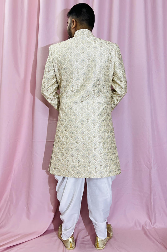 Silk Beige Color Wedding Wear Readymade Designer Men Indo Western