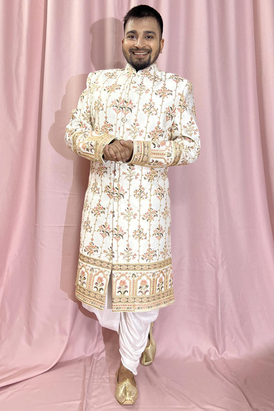 Beautiful Cream Color Wedding Wear Readymade Sherwani For Men In Silk Fabric