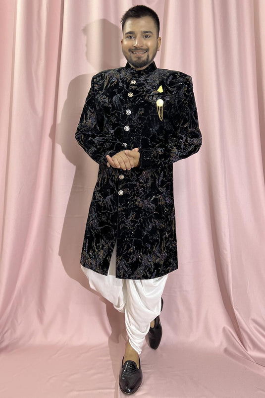 Black Velvet Fabric Graceful Readymade Men Indo Western For Wedding Wear
