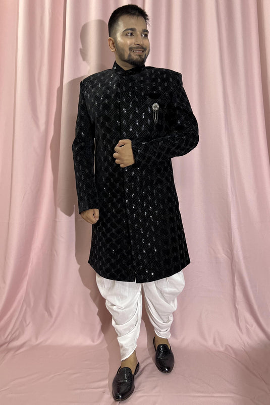 Velvet Black Magnificent Readymade Men Indo Western For Wedding Wear