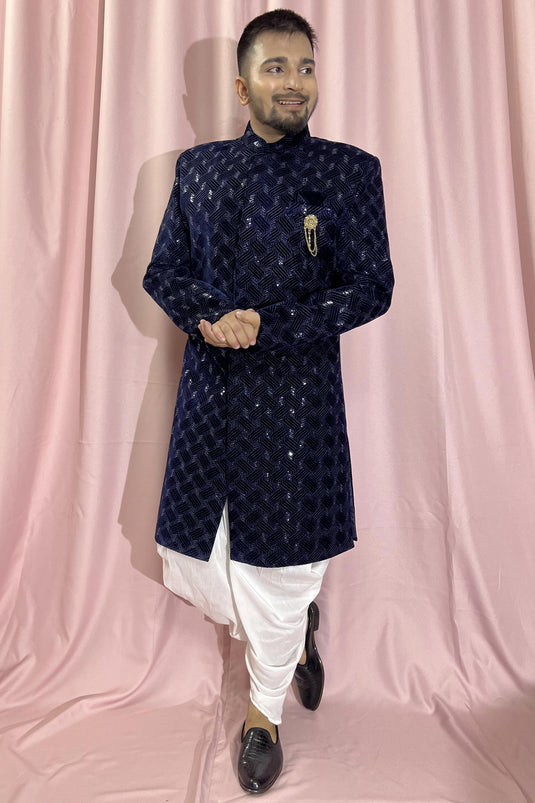 Blue Color Velvet Fabric Heavy Embroidered Wedding Wear Designer Readymade Indo Western For Men