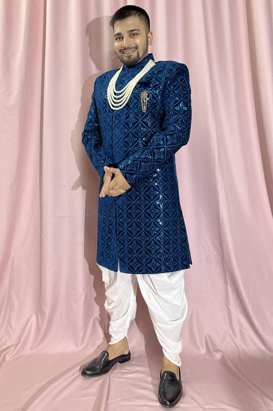 Heavy Embroidered Blue Color Wedding Wear Velvet Fabric Designer Readymade Indo Western For Men