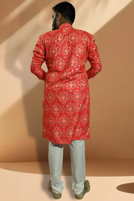 Cotton Red Color Readymade Designer Men Kurta Pyjama