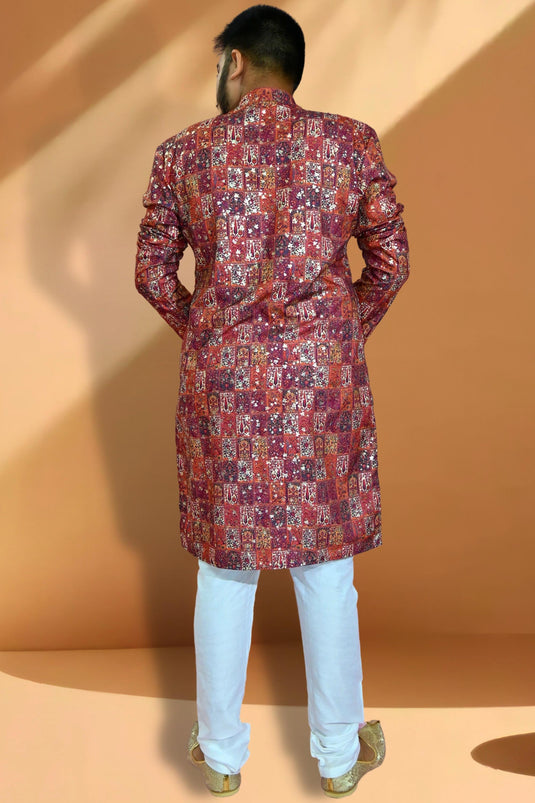 Cotton Fabric Maroon Color Trendy Readymade Men Kurta Pyjama