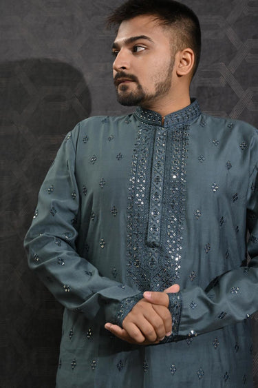 Sequins Embroidery Fancy Grey Color Cotton Silk Fabric Function Wear Readymade Kurta Pyjama For Men