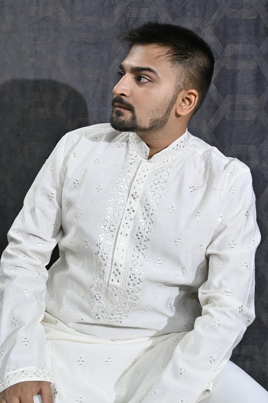 Cotton Silk Fabric Sequins Embroidery White Color Festive Wear Readymade Men Stylish Kurta Pyjama