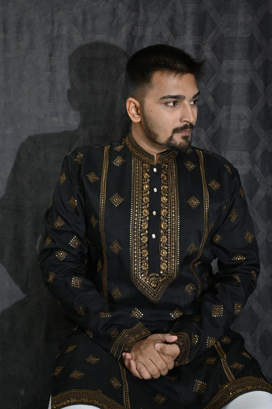 Beautiful Sequins Embroidery Black Color Wedding Wear Readymade Kurta Pyjama For Men In Art Silk Fabric