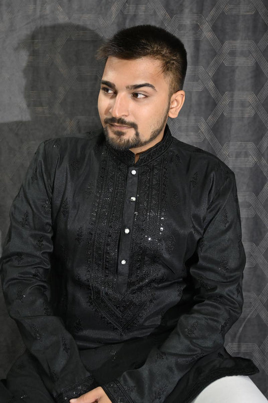 Art Silk Sequins Embroidery Black Magnificent Readymade Men Kurta Pyjama For Sangeet Wear