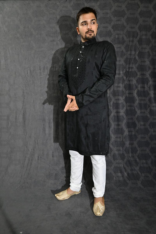 Art Silk Sequins Embroidery Black Magnificent Readymade Men Kurta Pyjama For Sangeet Wear