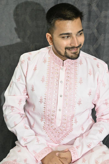 Sequins Embroidery Pink Color Reception Wear Readymade Art Silk Fabric Kurta Pyjama For Men