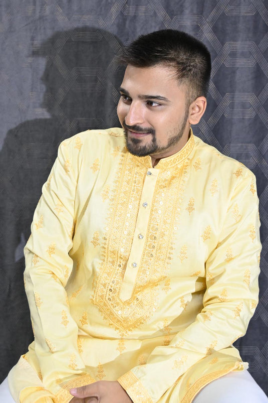 Art Silk Fabric Sequins Embroidery Function Wear Readymade Yellow Color Kurta Pyjama For Men