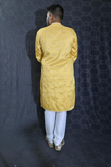 Sequins Embroidery Sangeet Wear Readymade Kurta Pyjama For Men In Art Silk Yellow Color