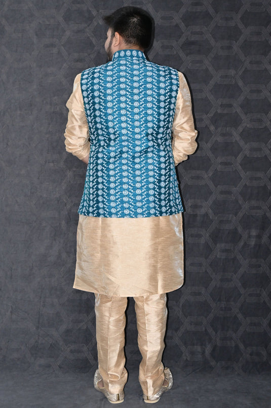 Art Silk Fabric 3 Piece Readymade Kurta With Pyjama And Blue Modi Jacket