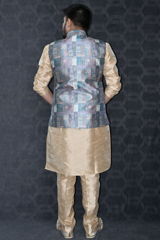 Gorgeous Art Silk Fabric Reception Wear Readymade Kurta Pyjama For Men With Grey Color Jacket