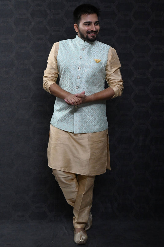 Function Wear Art Silk Fabric Readymade Lovely Men Kurta Pyjama With Blue Color Jacket