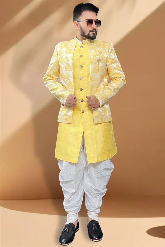 Yellow Color Silk Fabric Lavish Peshawari Style Indo Western Set