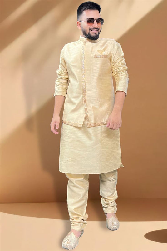 Captivating Silk Fabric Function Wear Cream Kurta Pyjama With Golden Color Jacket