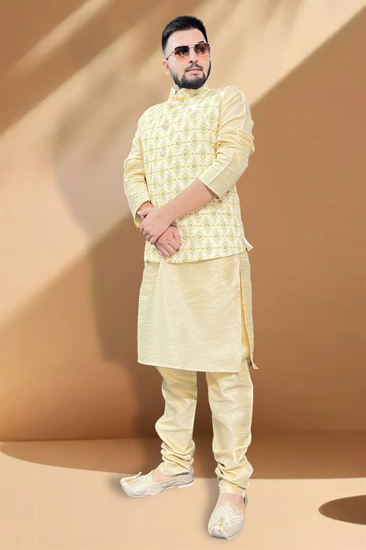 Attractive Function Wear Cream Kurta Pyjama With Yellow Color Jacket In Silk Fabric