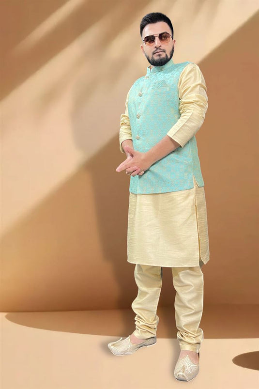 Splendiferous Silk Fabric Function Wear Cream Kurta Pyjama With Light Cyan Color Jacket