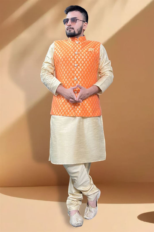 Silk Fabric Function Wear Royal Cream Kurta Pyjama With Orange Color Jacket