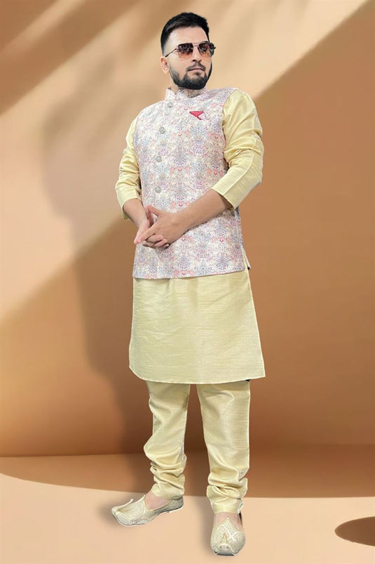 Silk Fabric Function Wear Engrossing Cream Kurta Pyjama With Multi Color Jacket