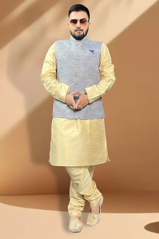 Function Wear Provocative Cream Kurta Pyjama With Grey Color Jacket In Silk Fabric