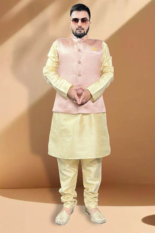 Captivating Silk Fabric Function Wear Stylish Cream Kurta Pyjama With Peach Color Jacket