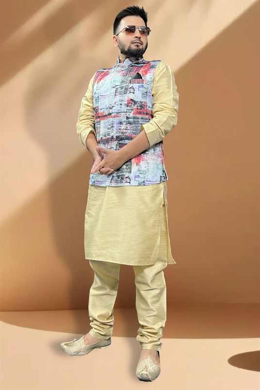 Extravagant Silk Fabric Cream Kurta Pyjama With Multi Color Jacket In Function Wear