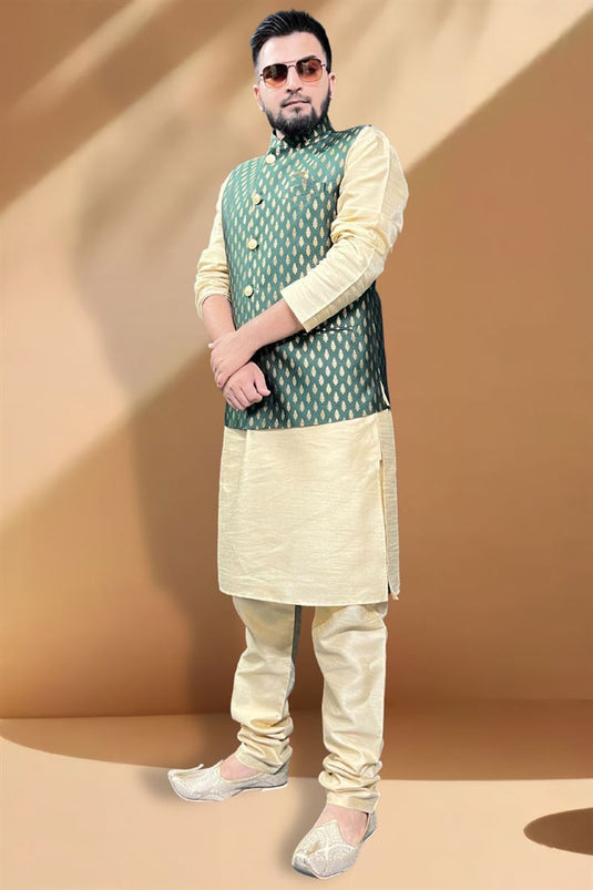 Silk Fabric Function Wear Magnificent Cream Kurta Pyjama With Green Color Jacket