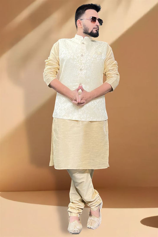 Silk Fabric Function Wear Artistic Cream Kurta Pyjama With Cream Color Jacket