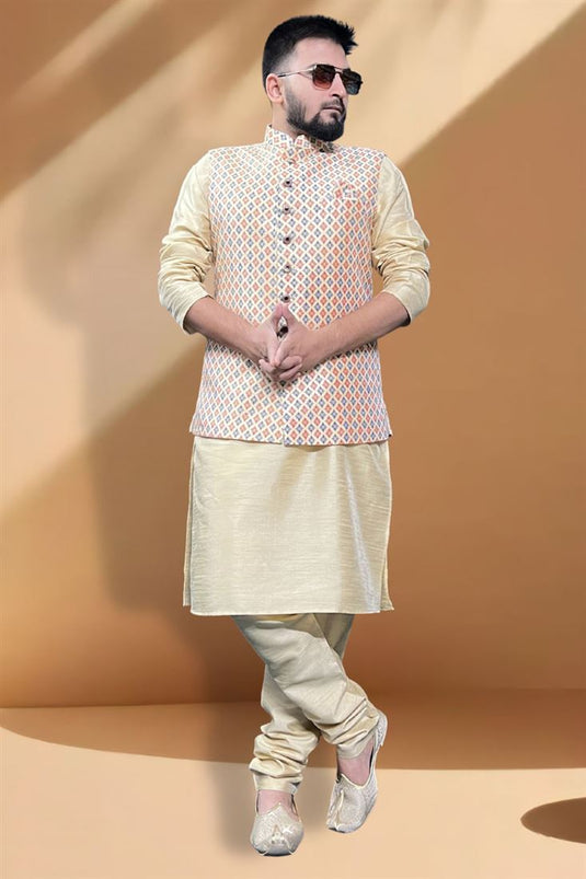 Function Wear Intriguing Cream Kurta Pyjama With Cream Color Jacket In Silk Fabric