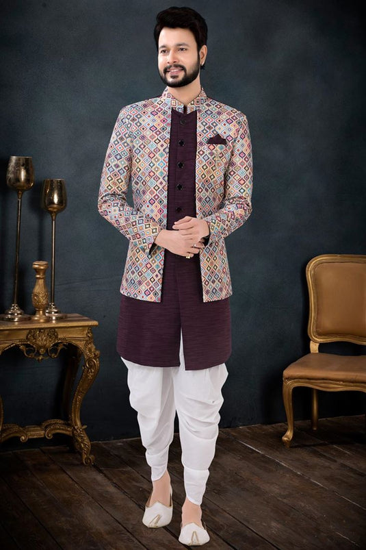 Wine Color Silk Fabric Engrossing Dhoti Kurta Jacket Set