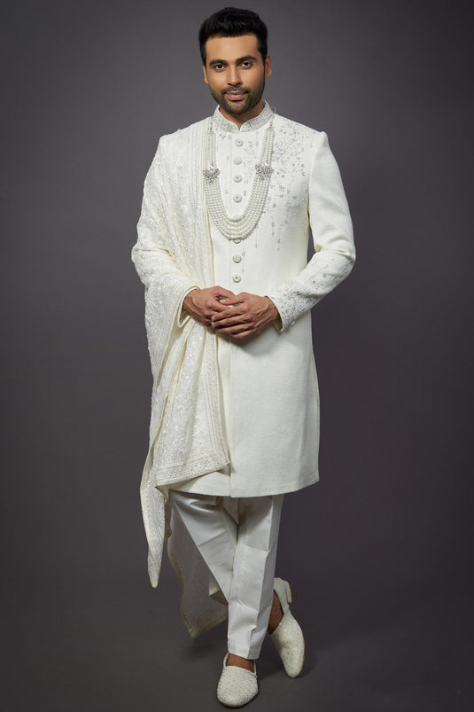 Silk Fabric Designer Wedding Wear Readymade Groom Sherwani For Men In White Color