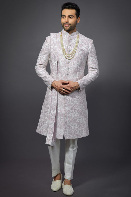 Lavender Silk Fabric Graceful Readymade Men Groom Sherwani For Wedding Wear