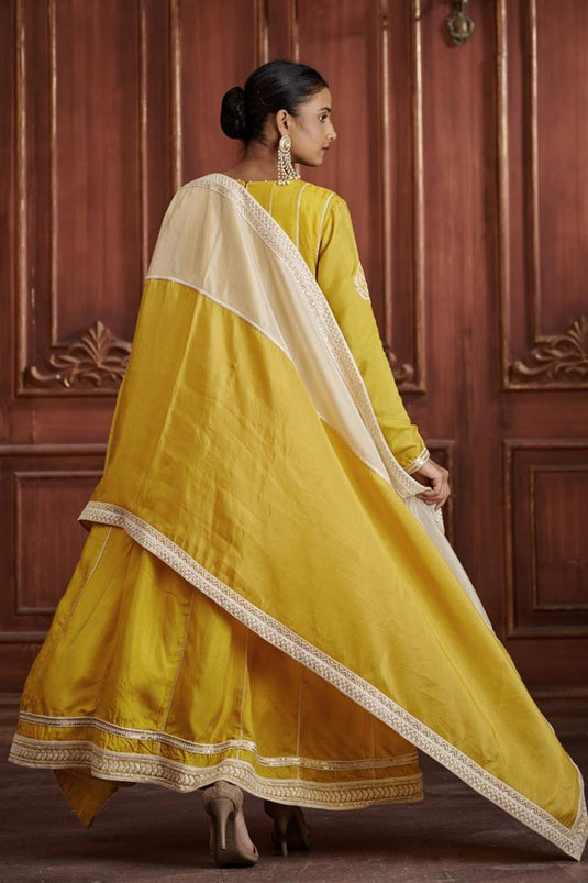 Exclusive Yellow Color Silk Fabric Hand Embroidered Function Wear Fancy Readymade Anarkali Set