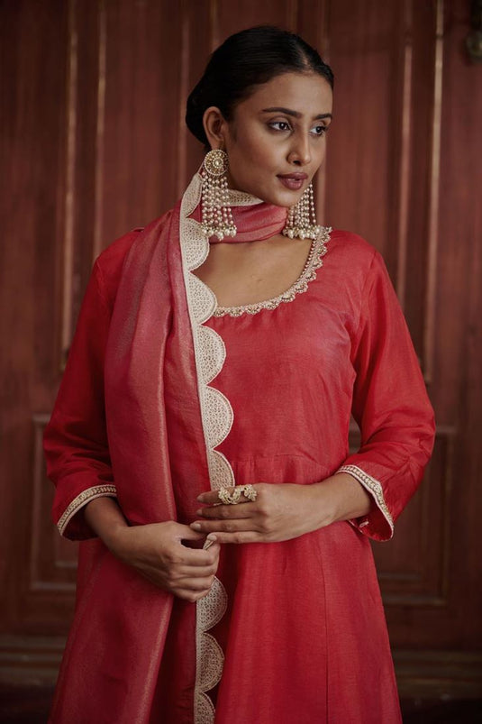 Exclusive Red Color Silk Fabric Hand Embroidered Festive Wear Readymade Sharara Set