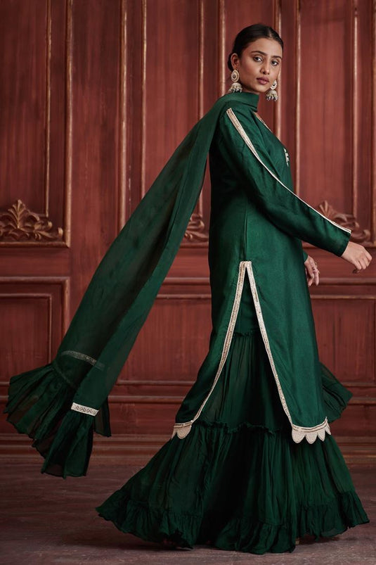 Exclusive Green Color Silk Fabric Hand Embroidered Party Wear Stylish Readymade Sharara Set