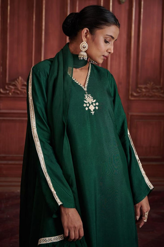 Exclusive Green Color Silk Fabric Hand Embroidered Party Wear Stylish Readymade Sharara Set