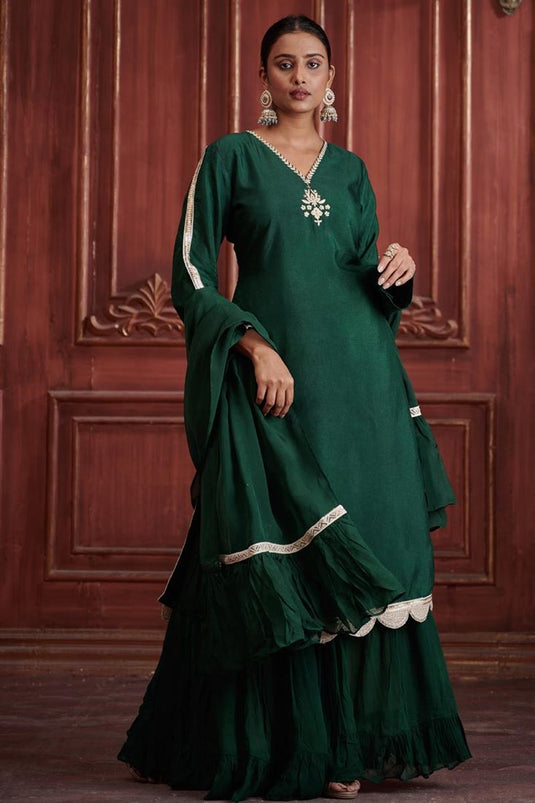 Exclusive Green Color Silk Fabric Hand Embroidered Party Wear Stylish Readymade Sharara Set