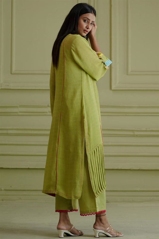 Exclusive Green Color Georgette And Net Fabric Hand Embroidered Gorgeous Readymade Kurta Palazzo Set