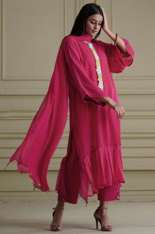 Exclusive Pink Color Georgette And Net Fabric Hand Embroidered Striking Readymade Kurta Palazzo Set